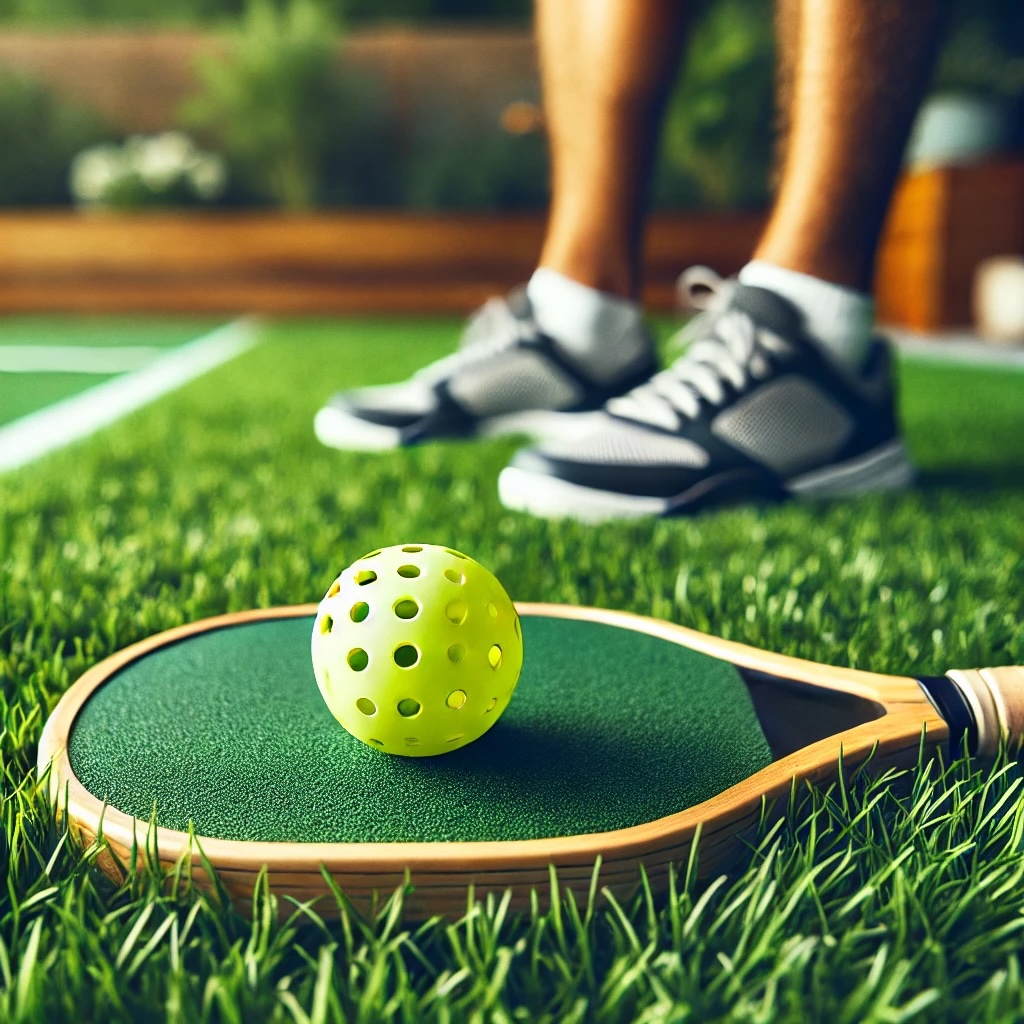 pickleball and ball on grass