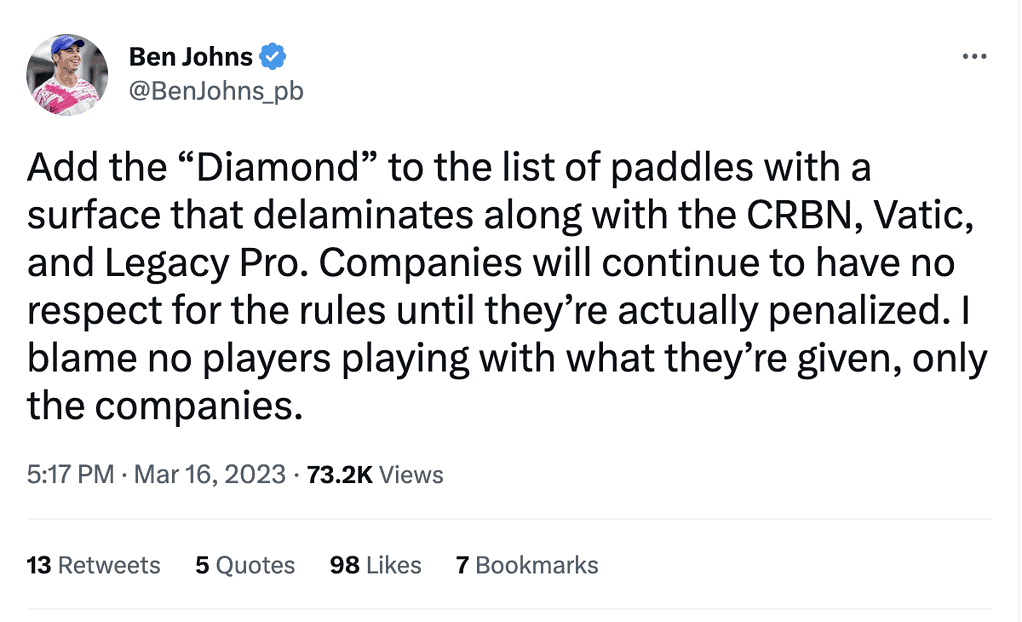 Ben Johns Tweet about delamination in pickleball paddles