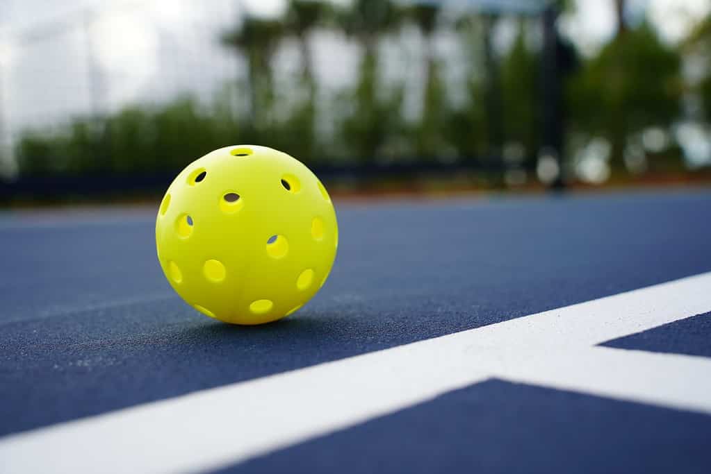 close up of a pickleball on a court