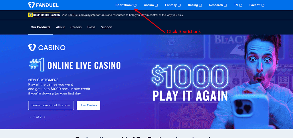 picture of fanduel homepage